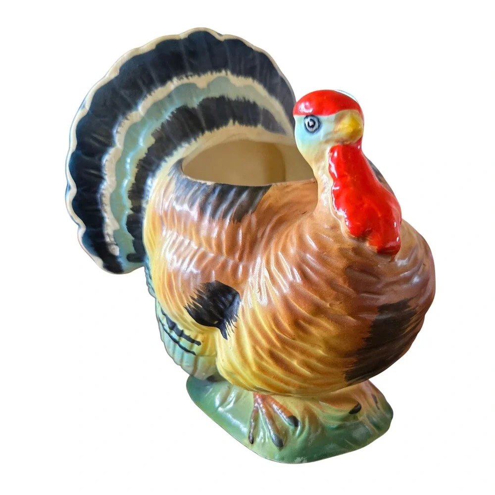 Vintage Relpo Ceramic Turkey Planter Thanksgiving Decor Hand Painted Mid Century